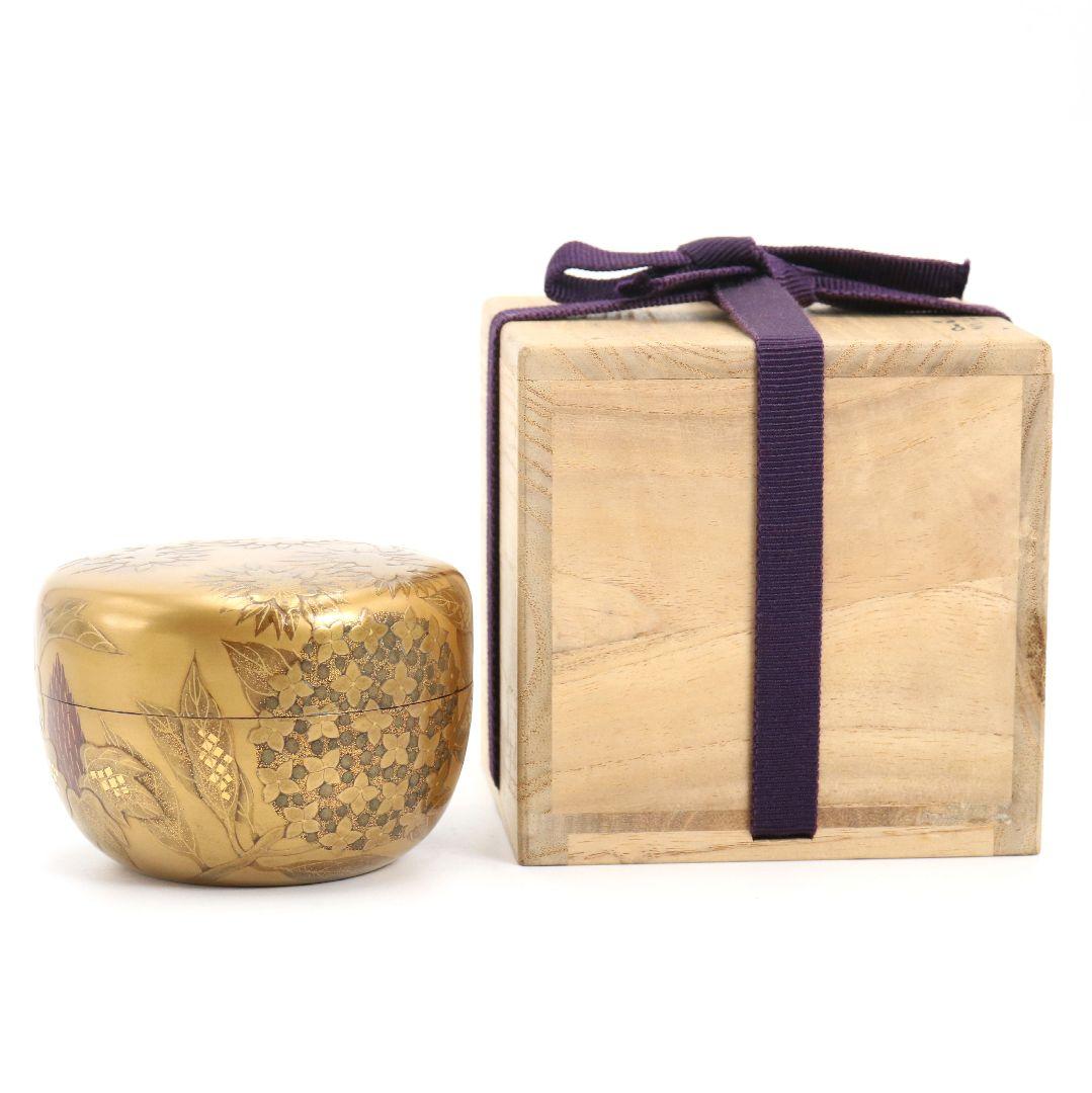 久世宗春作 四季草花 金蒔絵 平棗 内金塗 梨子地 茶道具 共箱　DW947