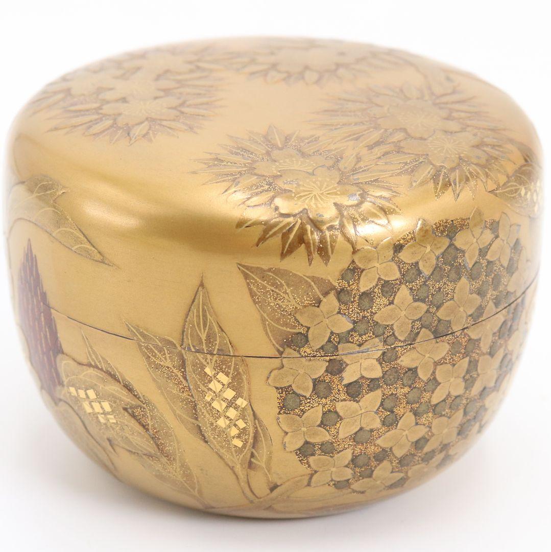 久世宗春作 四季草花 金蒔絵 平棗 内金塗 梨子地 茶道具 共箱　DW947