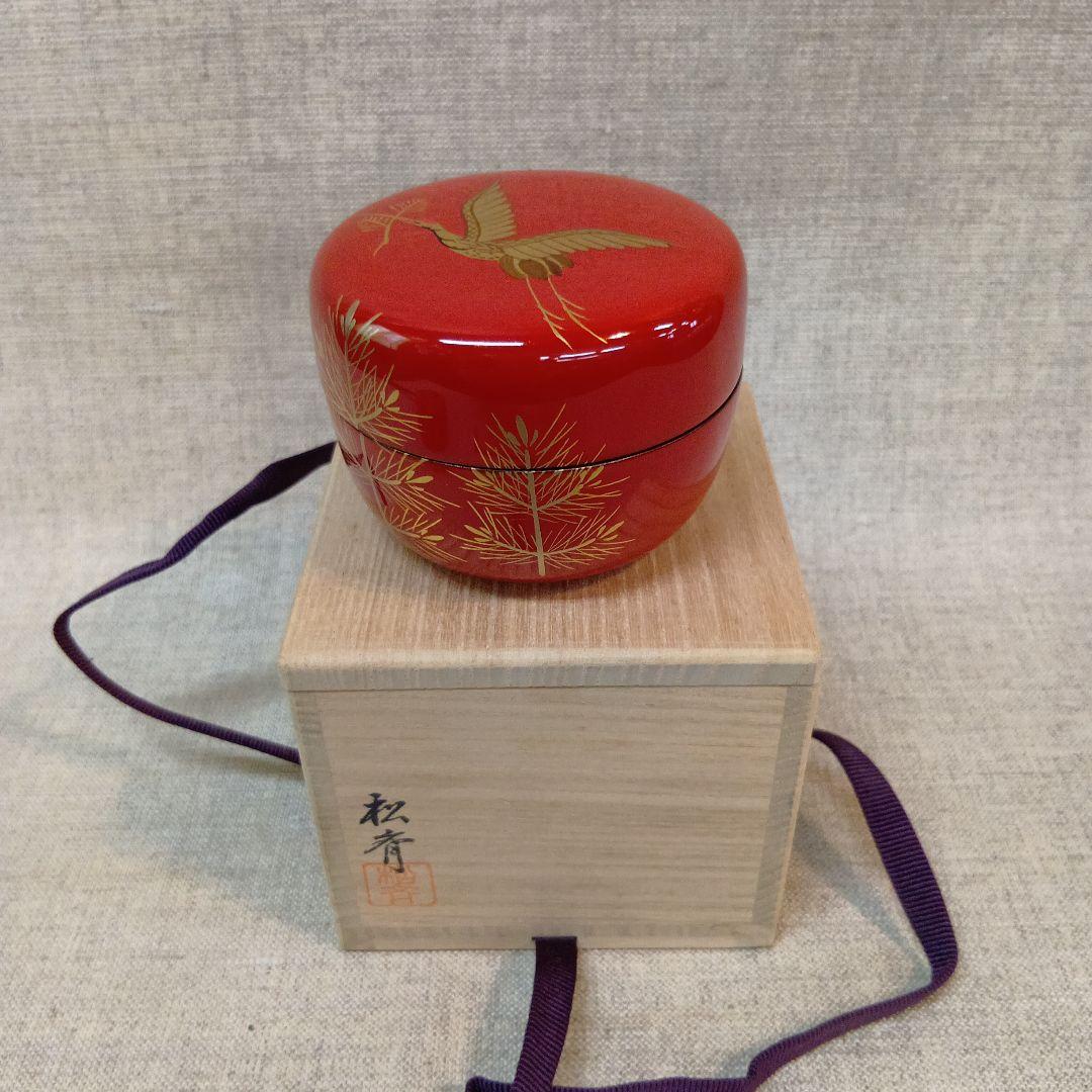 赤い茶道具 棗 金色の鶴と紅葉　未使用長期保管品　若松二鶴