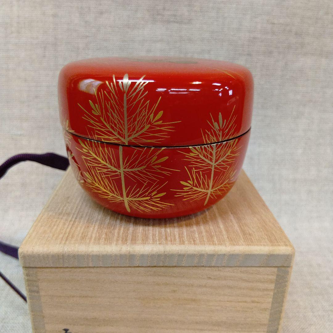 赤い茶道具 棗 金色の鶴と紅葉　未使用長期保管品　若松二鶴