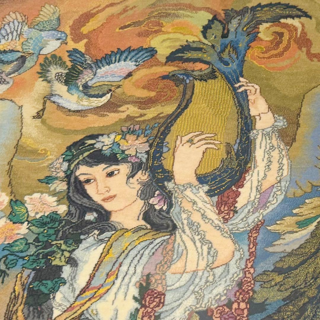 中国美術 手織り シルク 段通 緞通 天女 手織り絨毯 飾り 額付き 骨董