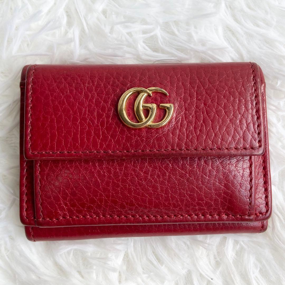 美品✨人気定番✨グッチ 三つ折り財布 GGマーモント コンパクト レッド