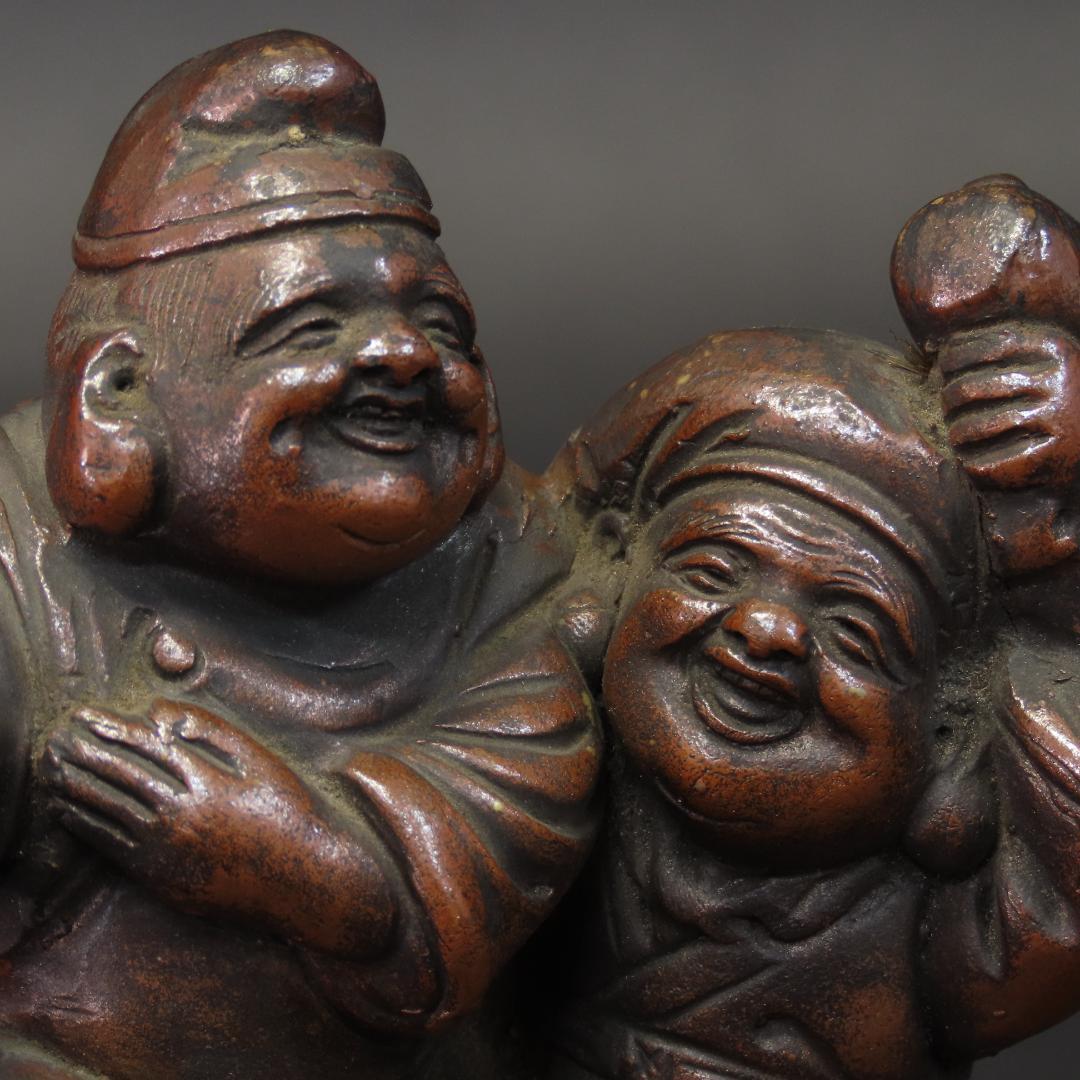 ⭕401 江戸時代末期 古備前焼 珍品 鯛に乗る恵比寿大黒様 高さ14cm