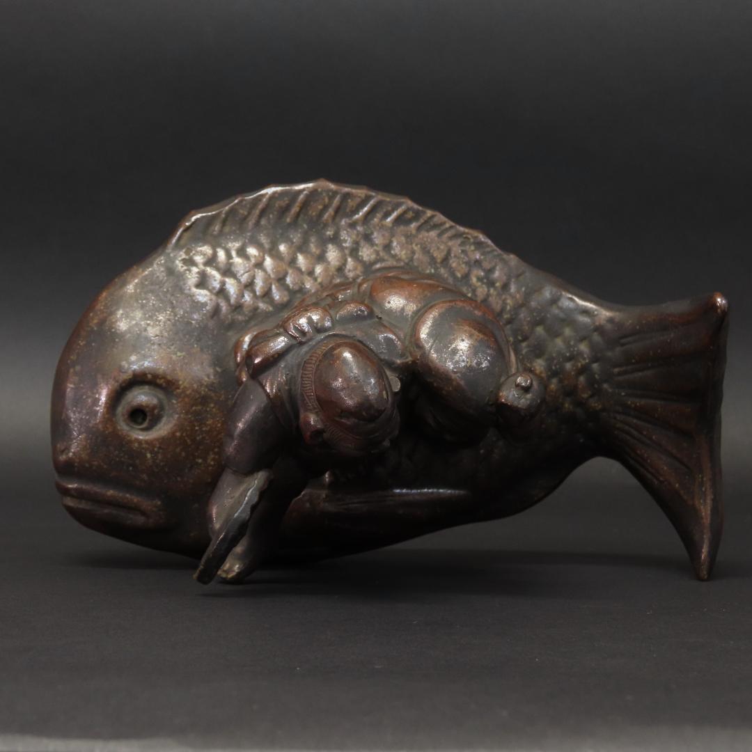 ⭕401 江戸時代末期 古備前焼 珍品 鯛に乗る恵比寿大黒様 高さ14cm