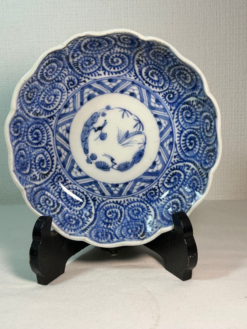 古伊万里染付　たこ唐草 膾皿　4枚 無傷 江戸時代後期(成化年製)