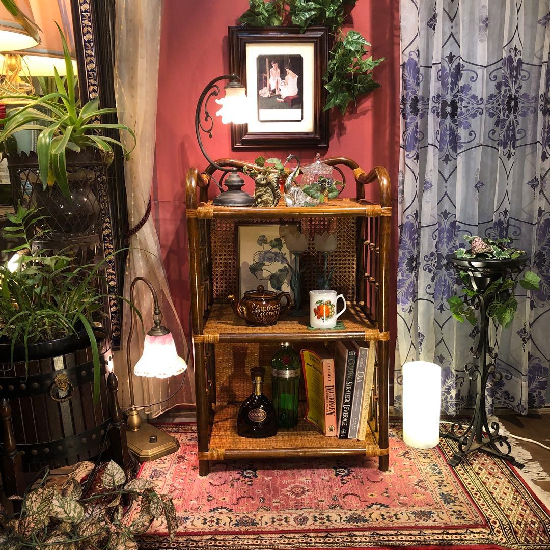 Sale 昭和レトロ　ビンテージ　オールドラタン　オープンシェルフ　三段ラック