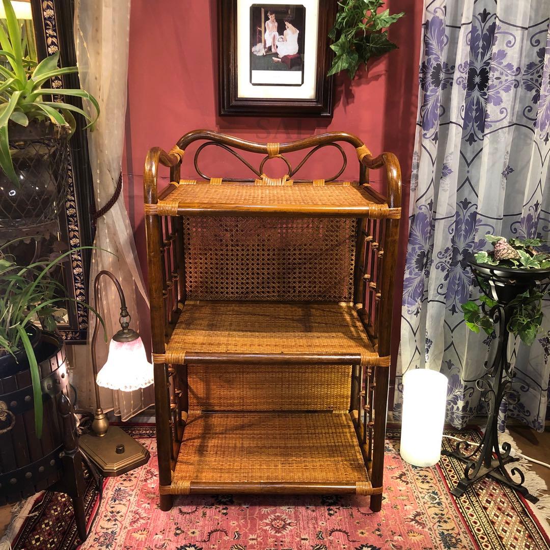 Sale 昭和レトロ　ビンテージ　オールドラタン　オープンシェルフ　三段ラック