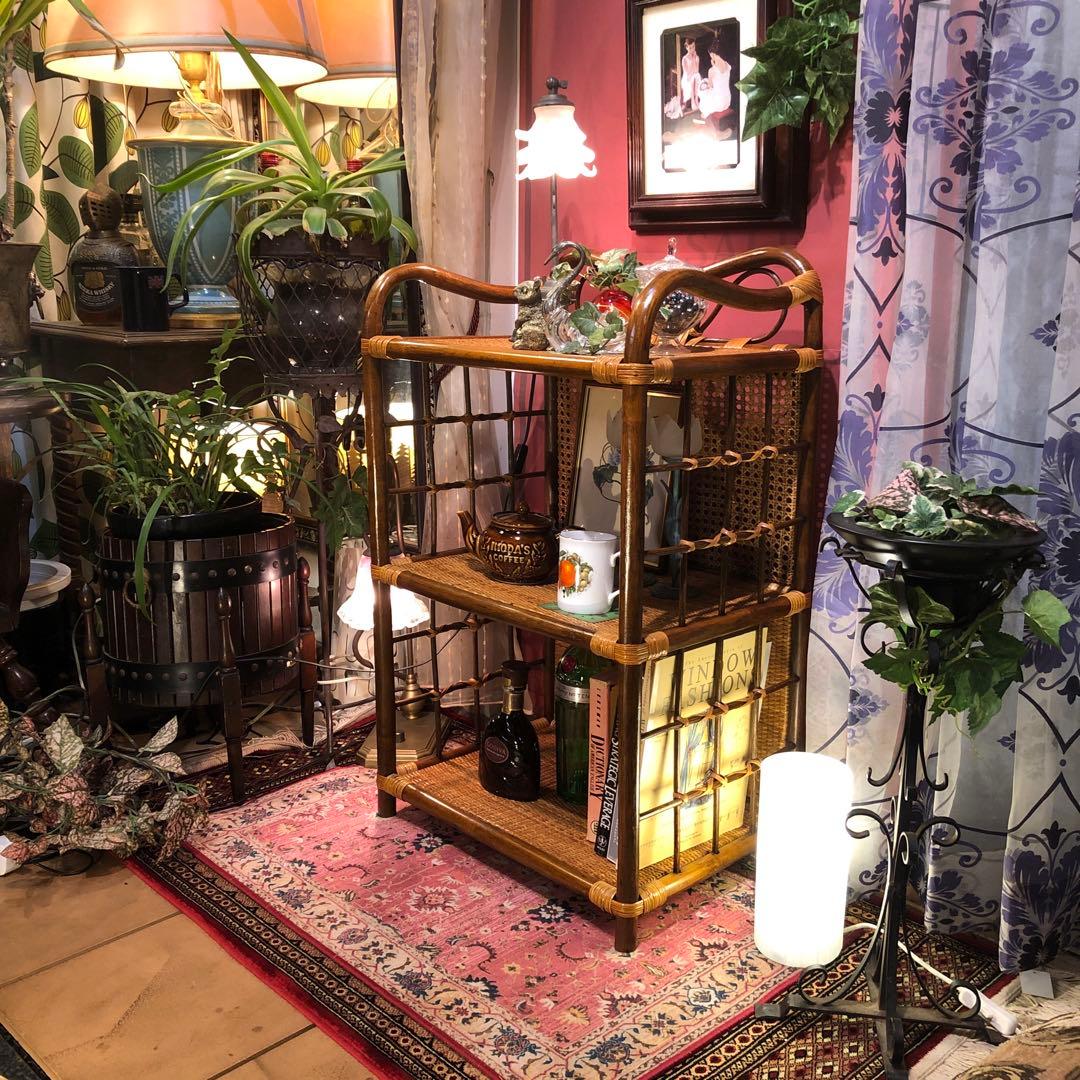 Sale 昭和レトロ　ビンテージ　オールドラタン　オープンシェルフ　三段ラック