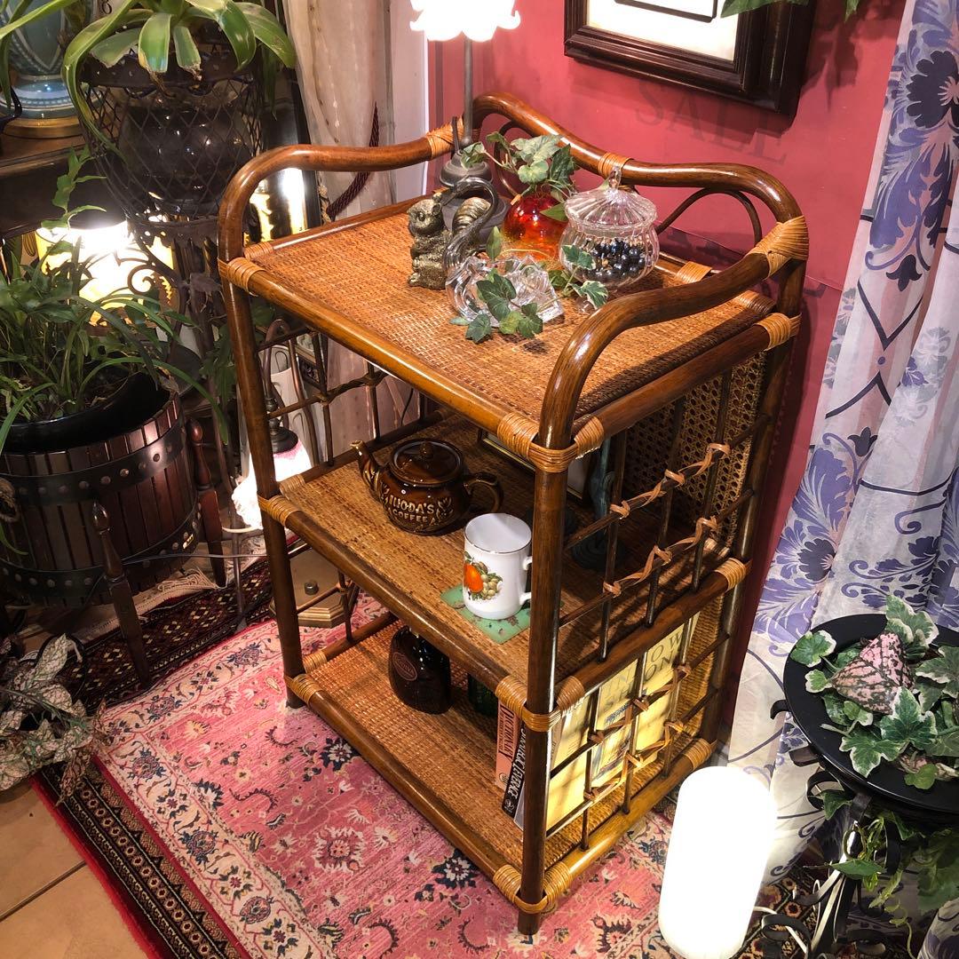 Sale 昭和レトロ　ビンテージ　オールドラタン　オープンシェルフ　三段ラック