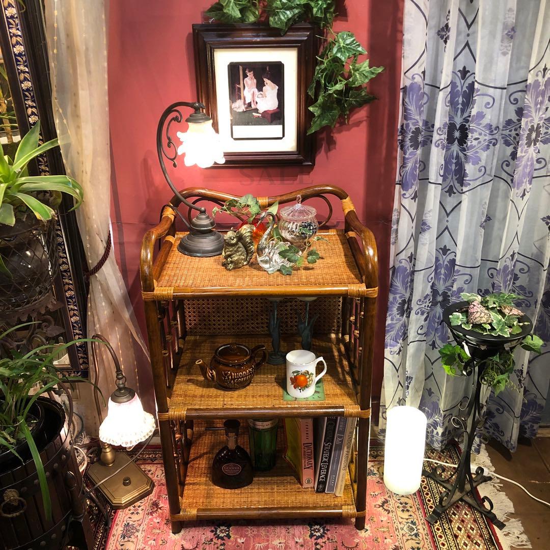 Sale 昭和レトロ　ビンテージ　オールドラタン　オープンシェルフ　三段ラック