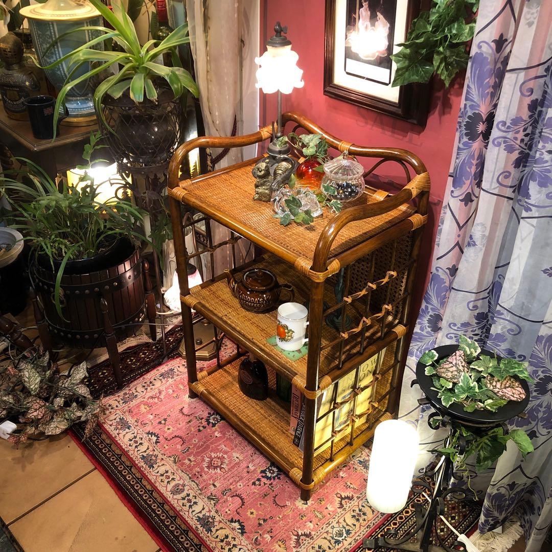 Sale 昭和レトロ　ビンテージ　オールドラタン　オープンシェルフ　三段ラック