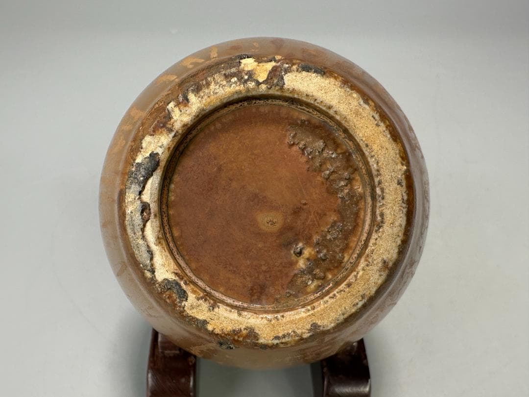 日本美術　江戸時代　丹波焼　茶道具　鉄釉茶入 小壺　刻印有　純銀蓋付　時代共箱付