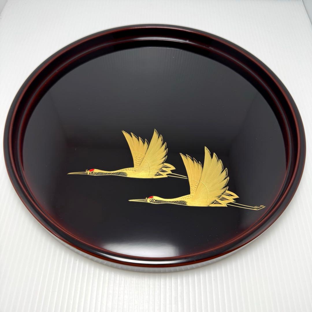 未使用 輪島塗 沈金 トレー お盆 膳 鶴 高級 漆 漆器 飾り 共箱 説明書