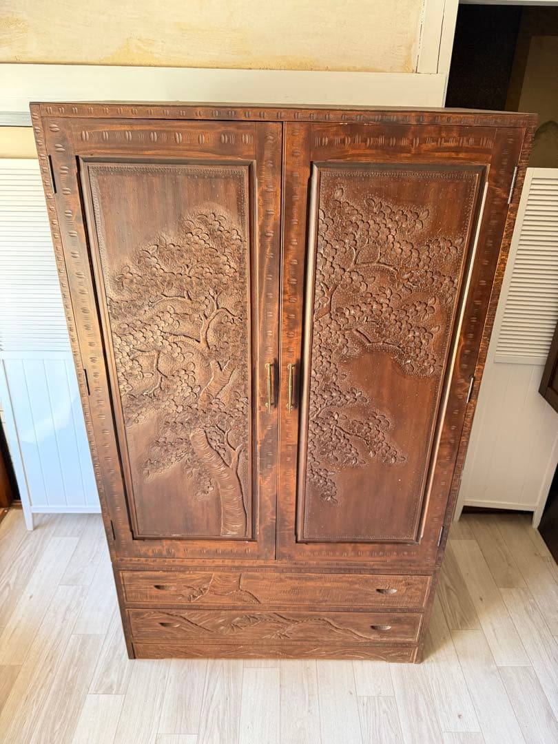 軽井沢彫 箪笥 ワードローブ 整理箪笥 昭和レトロ 伝統工芸品 アンティーク 桜