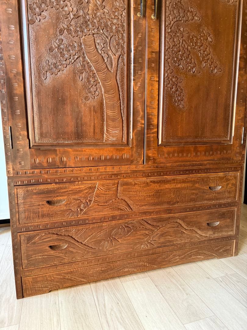 軽井沢彫 箪笥 ワードローブ 整理箪笥 昭和レトロ 伝統工芸品 アンティーク 桜