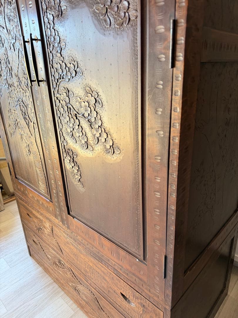 軽井沢彫 箪笥 ワードローブ 整理箪笥 昭和レトロ 伝統工芸品 アンティーク 桜