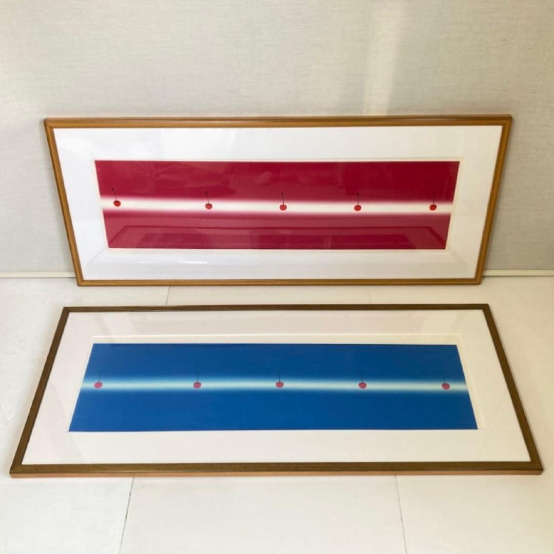 中村憲之 さくらんぼ シルクスクリーン 大型 横長 青色 ポップ モダン レトロ