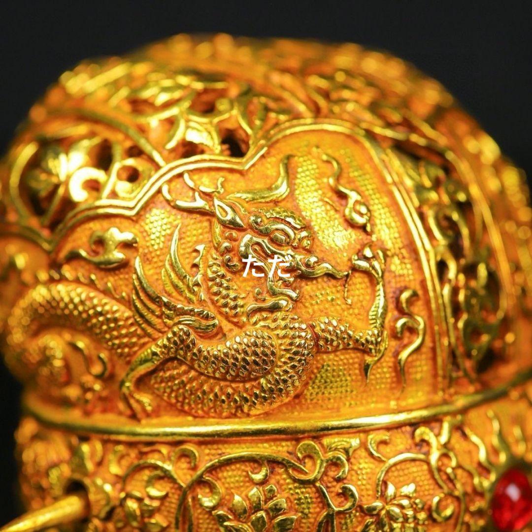 銅器 枝葡萄紋冠鏤官帽 金竜帽冠 双龍髪簪冠帽 装飾品 現代工芸品 置物