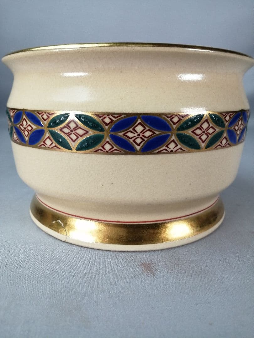 【茶道具】高台寺窯陶楽造　仁清写華七宝紋皆具　水指 建水 杓立 蓋置　水指400