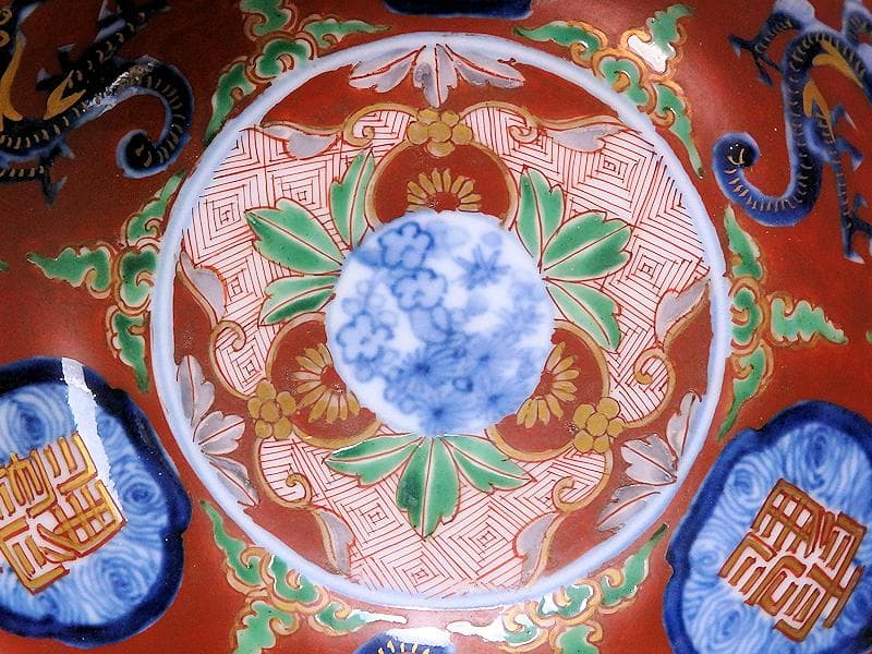 大聖寺伊万里　色絵　鶴に龍　赤玉丸紋の図　春寒鉢　３客　D932AS-fbpw