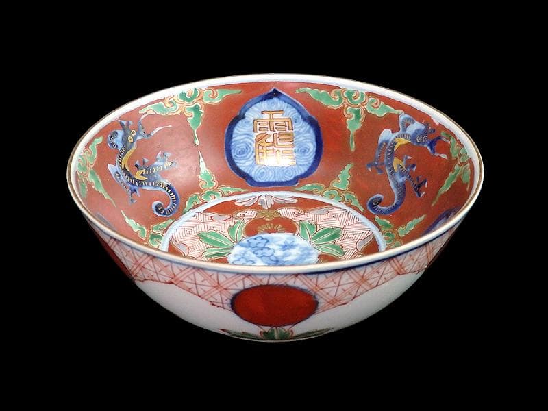 大聖寺伊万里　色絵　鶴に龍　赤玉丸紋の図　春寒鉢　３客　D932AS-fbpw