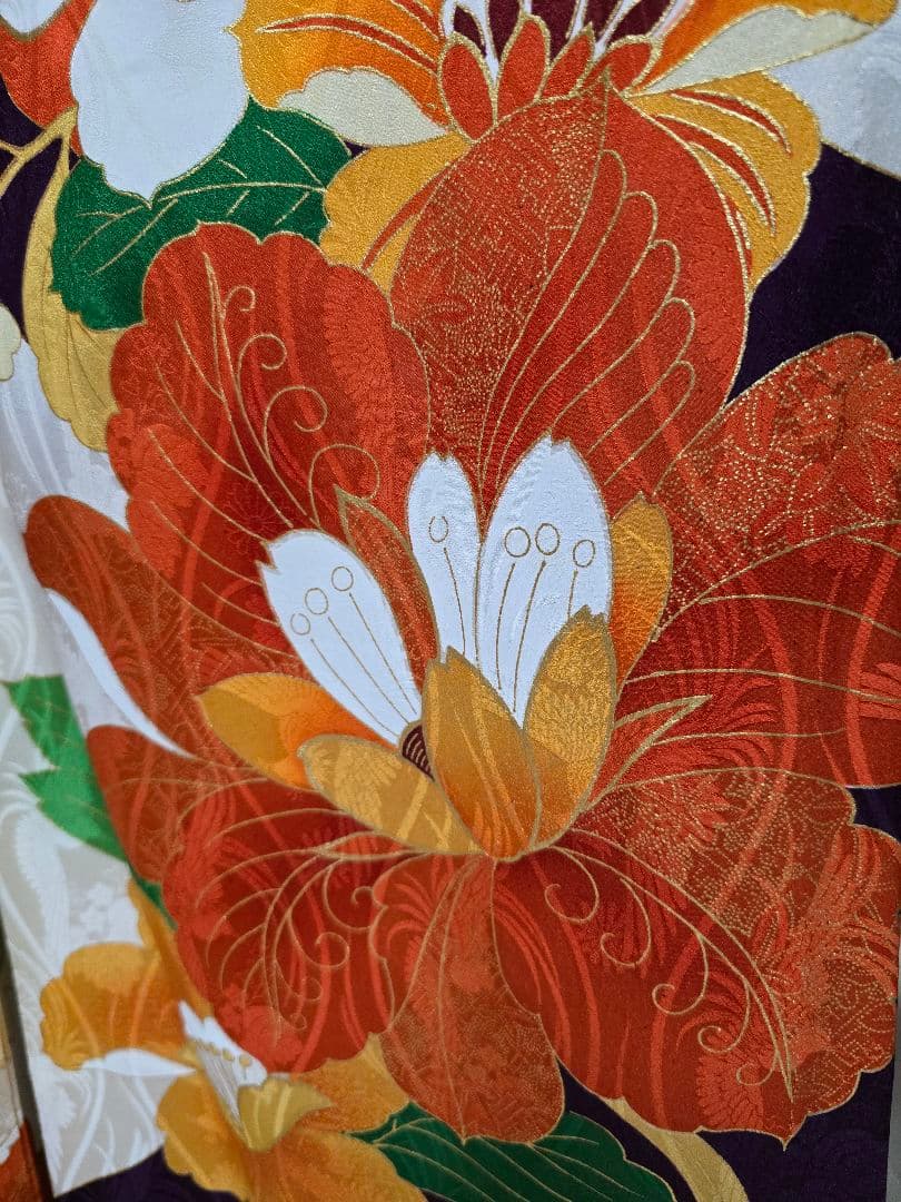 振袖　フルセット　豪華絢爛　刺繍　地文　成人式　結婚式　華やか　オレンジ　紫