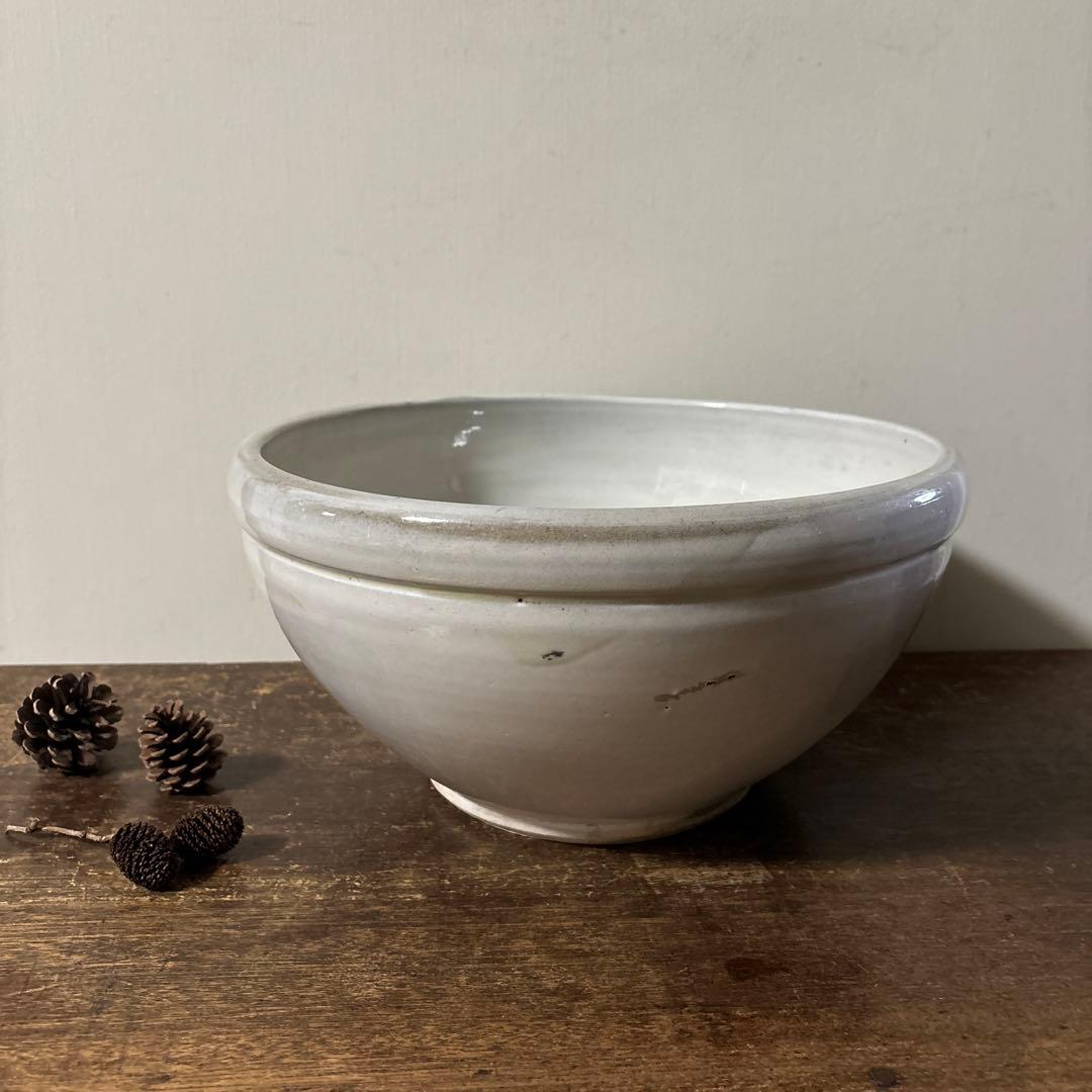 東北民窯　平清水焼　大鉢　白釉　花器　こね鉢　白磁　骨董　アンティーク　李朝