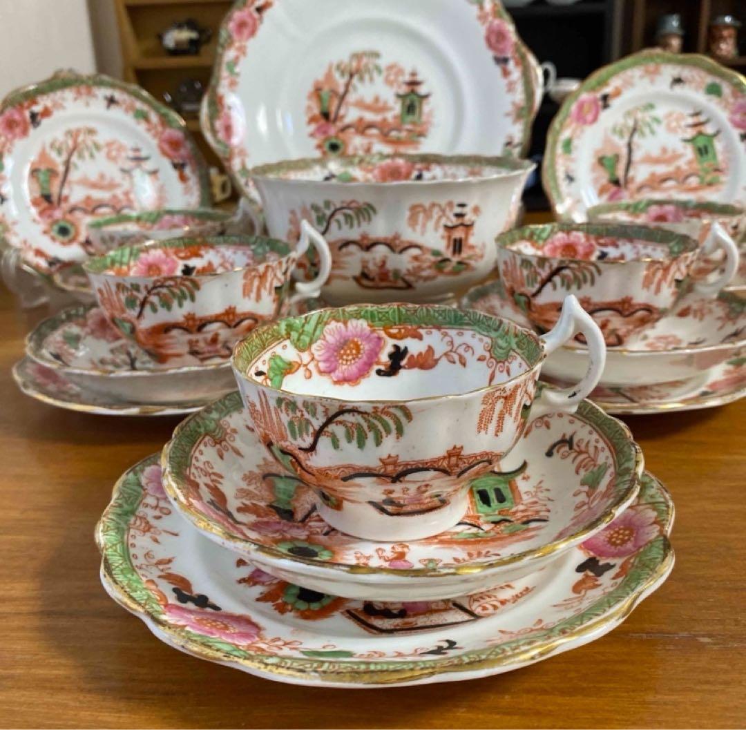 英国窯初期のアンティーク　カップ　ソーサー　プレート　シノワズリ c1880