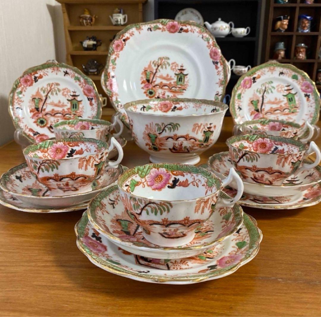 英国窯初期のアンティーク　カップ　ソーサー　プレート　シノワズリ c1880