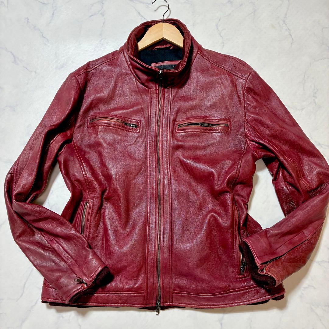 希少3L✨リューグーレザーズ シングルライダースジャケット ラムレザー 赤系