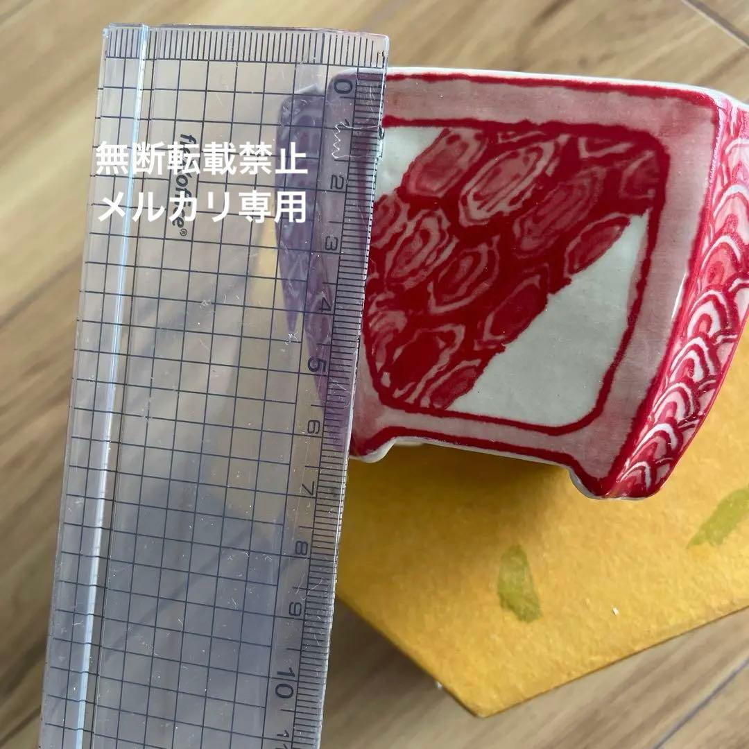 盆栽鉢　桑津香石　絵鉢　四角　松　鳥　赤絵　小品盆栽