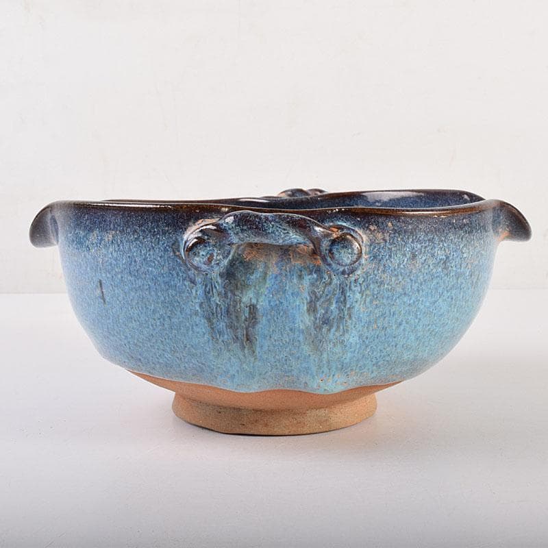 中国　鈞窯　窯変　澱青釉　双耳鉢　C　6906