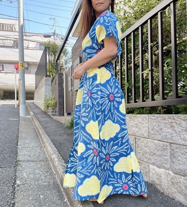 浴衣　リメイク　有松絞り　ワンピース ハンドメイド　ロング　シンプル　青　黄色