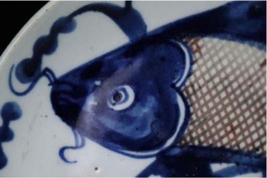 【海】18～19世紀中国清代中～後期 青花釉裏紅「登竜門」図皿 染付辰砂魚鯉図