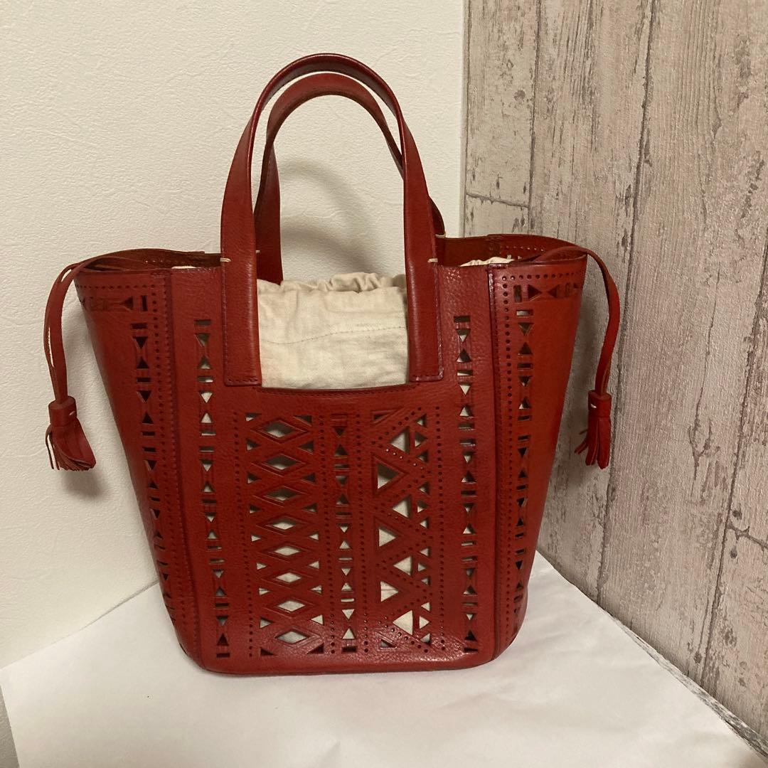 genten 赤レザー カットアウト トートバッグ