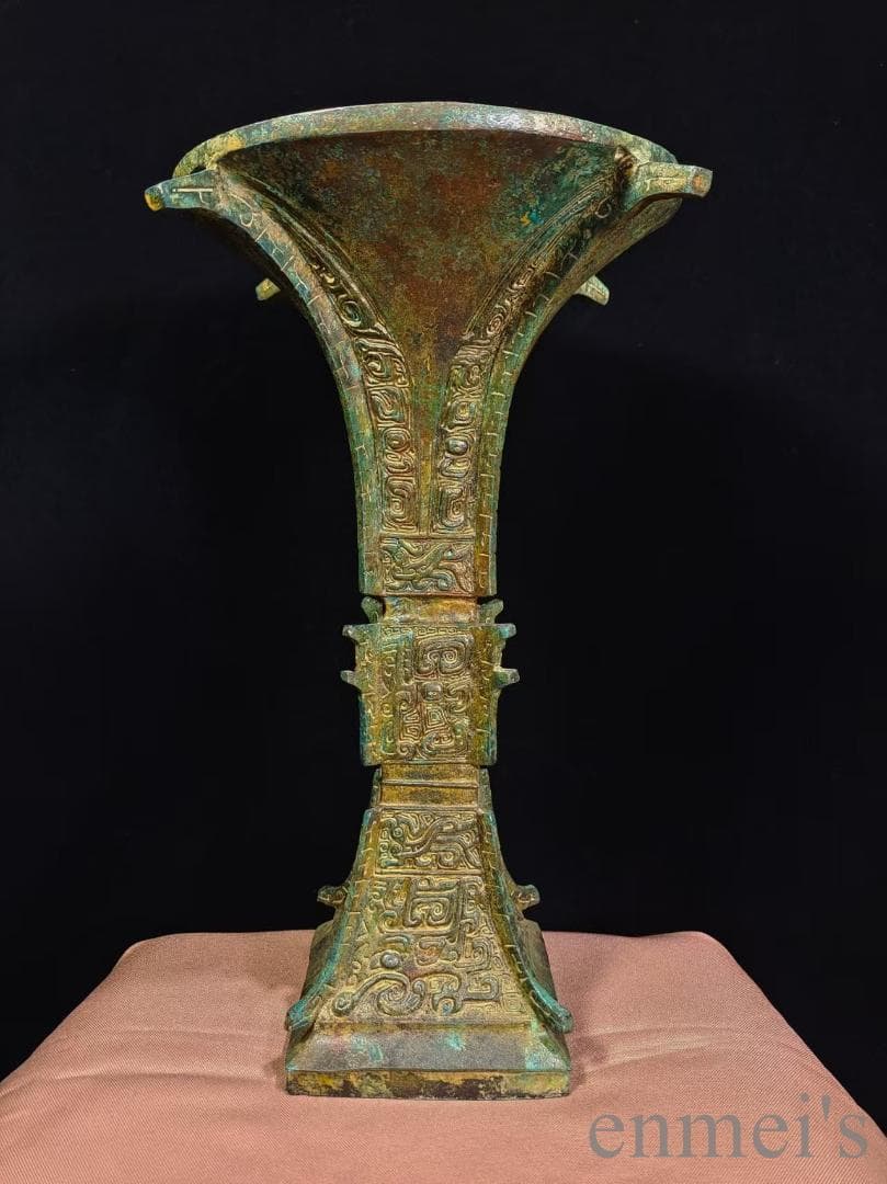 中国古美術【風紋花觚】商周青銅器 飲酒器 酒具 純銅製 高浮彫 手彫り 古美味