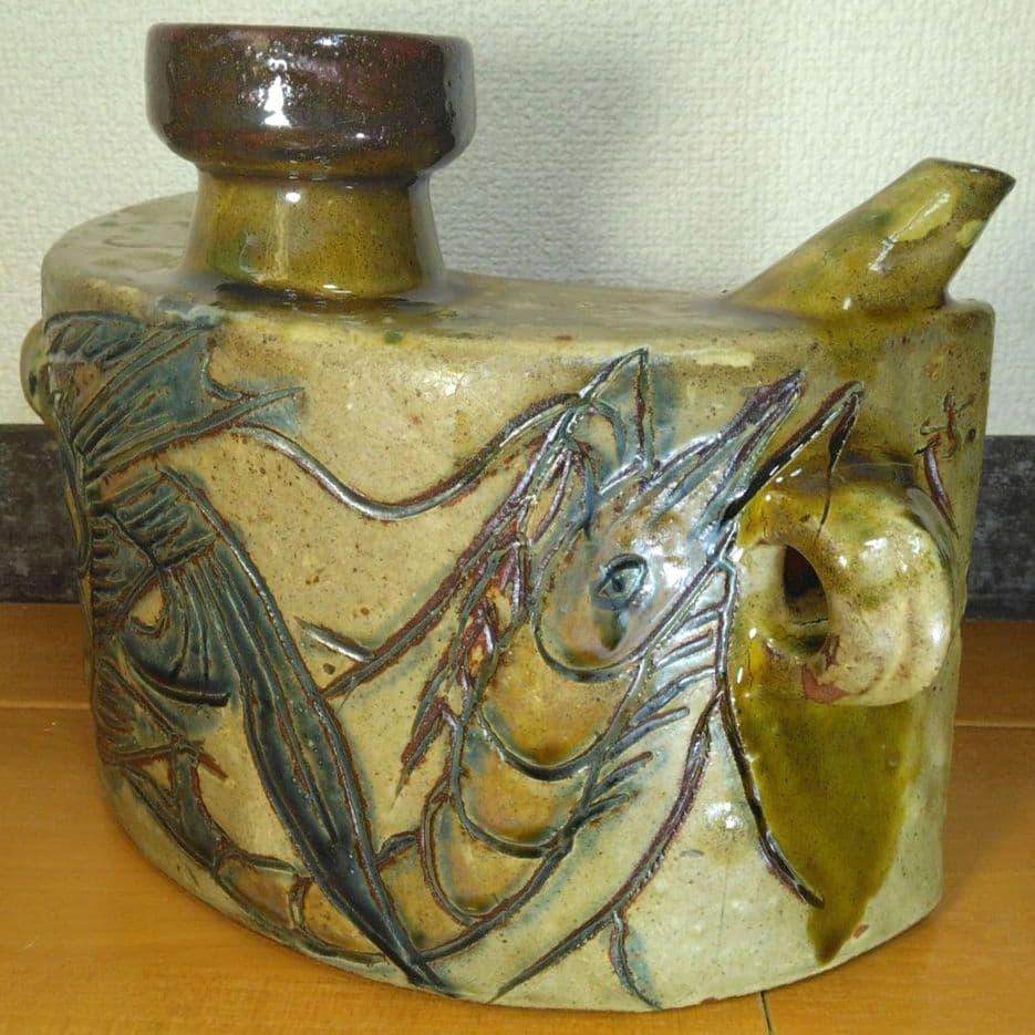 人間国宝 金城次郎 魚海老紋抱瓶 栞 共箱(本人書付) 壷屋焼 やちむん 大きい