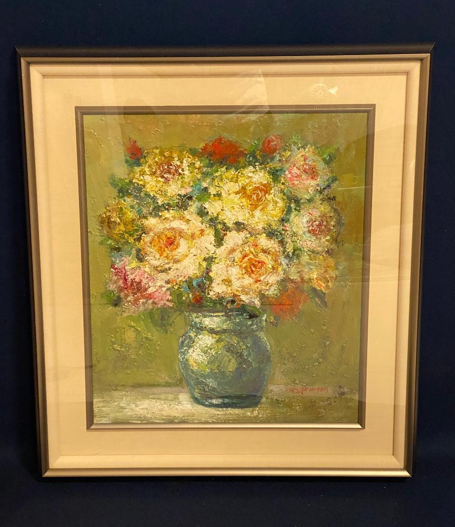 「真作」作者不明「バラ」静物画　油彩画　額装　サイン有り　F10号