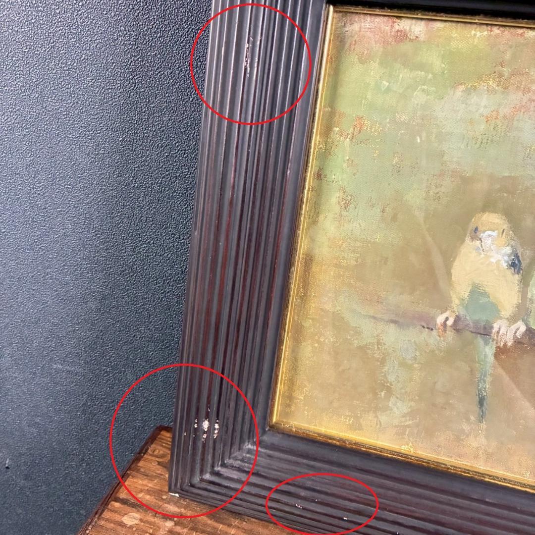 五百住乙人「インコ」キャンバスに油彩画 油絵 F3 直筆サイン入り 額縁入り