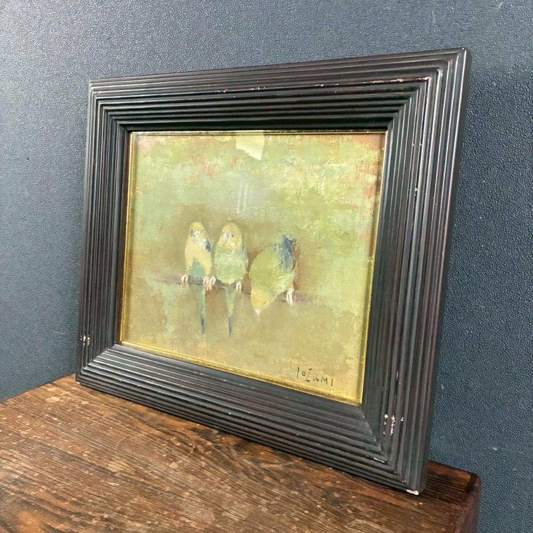 五百住乙人「インコ」キャンバスに油彩画 油絵 F3 直筆サイン入り 額縁入り