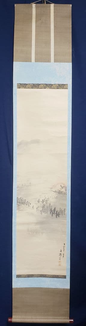 【夕涼み河川敷図】前川文嶺 958 影絵　掛け軸　肉筆