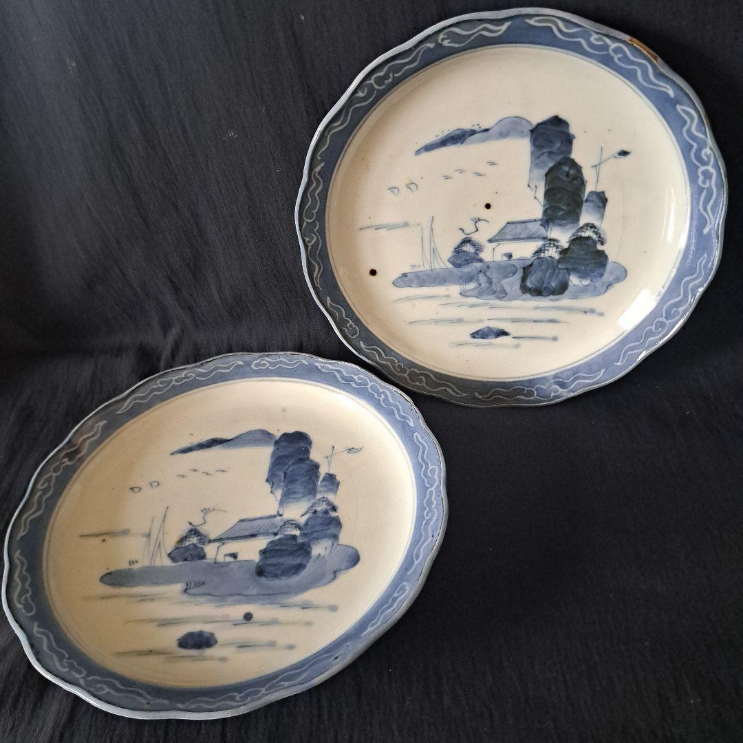 「青と白のコントラスト！ 山水画皿(直径18cm)」 古伊万里皿 2客セット 骨