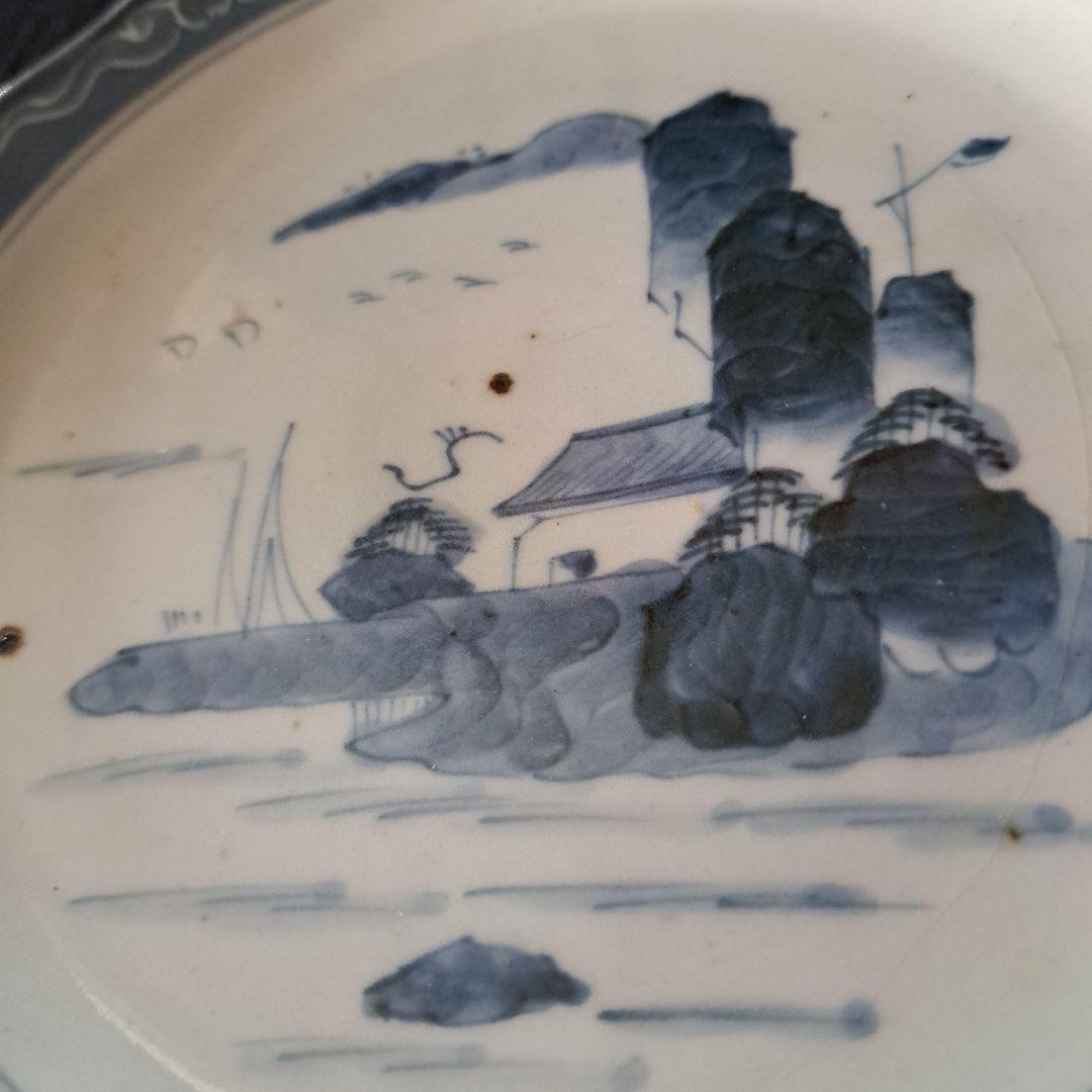 「青と白のコントラスト！ 山水画皿(直径18cm)」 古伊万里皿 2客セット 骨