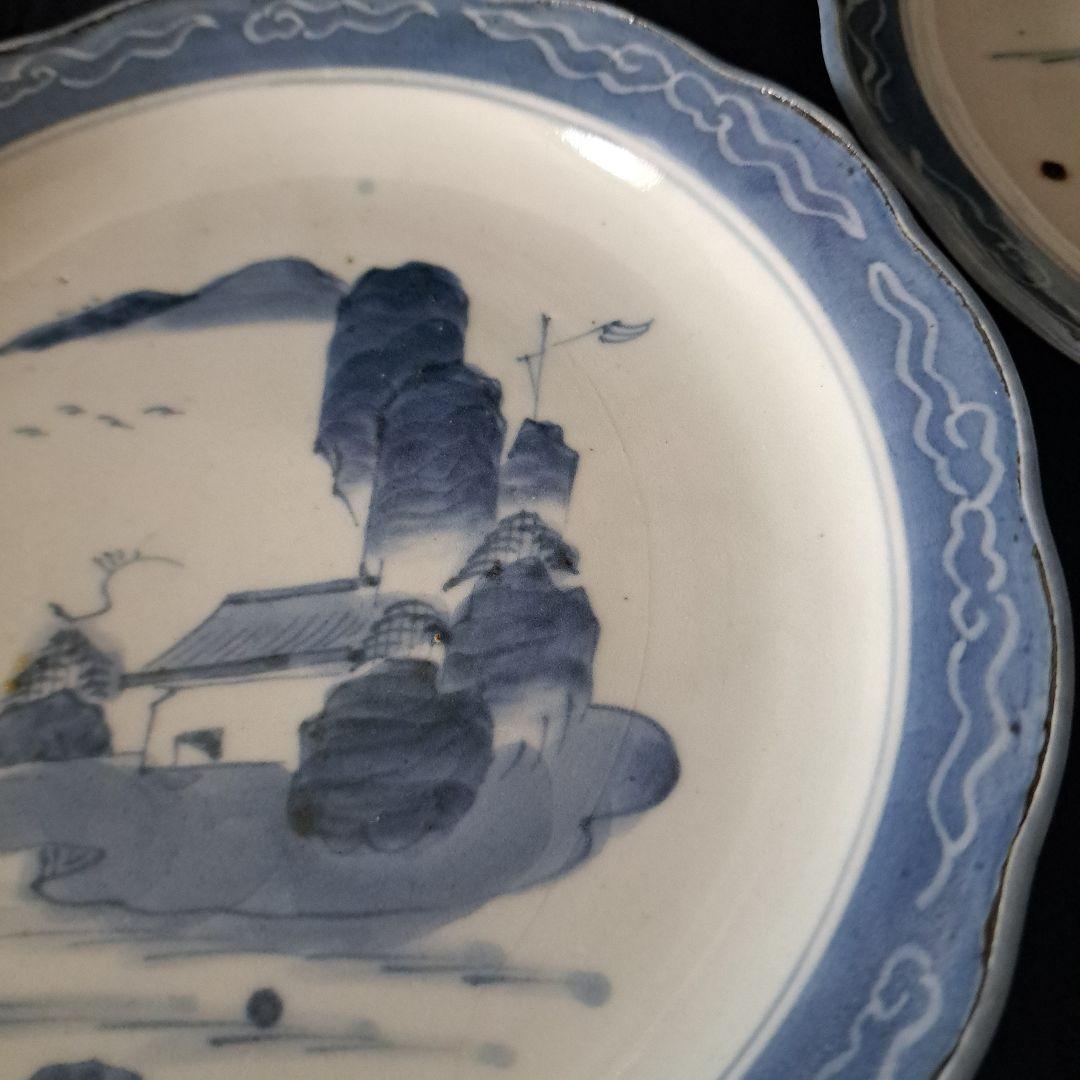 「青と白のコントラスト！ 山水画皿(直径18cm)」 古伊万里皿 2客セット 骨