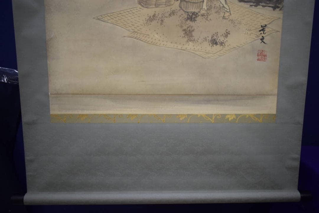 真作/景文/人物収穫図/農耕図/布袋屋掛軸HI-54