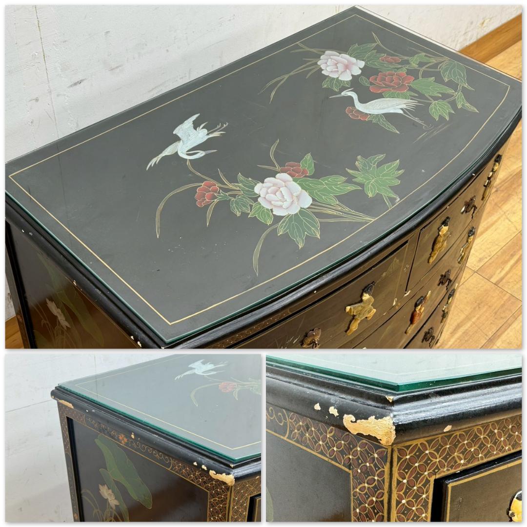 T1533☆中国家具　アンティーク　チェスト　シノワズリ　玉石細工　黒漆　箪笥