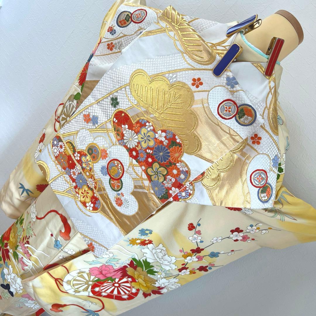 447 振袖フルセット 正絹 クリームイエロー 手描き 金彩 暈し染め レトロ