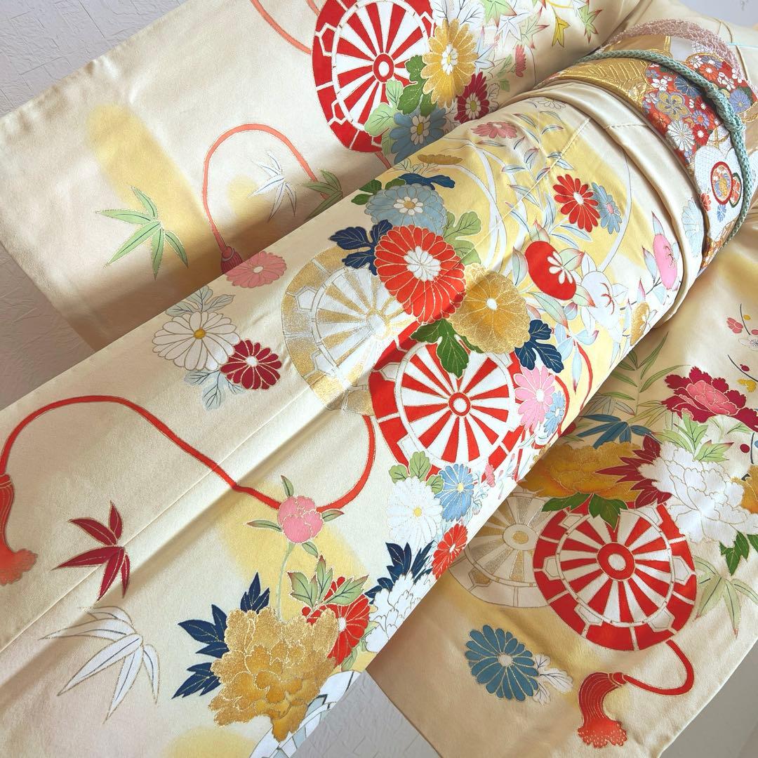 447 振袖フルセット 正絹 クリームイエロー 手描き 金彩 暈し染め レトロ