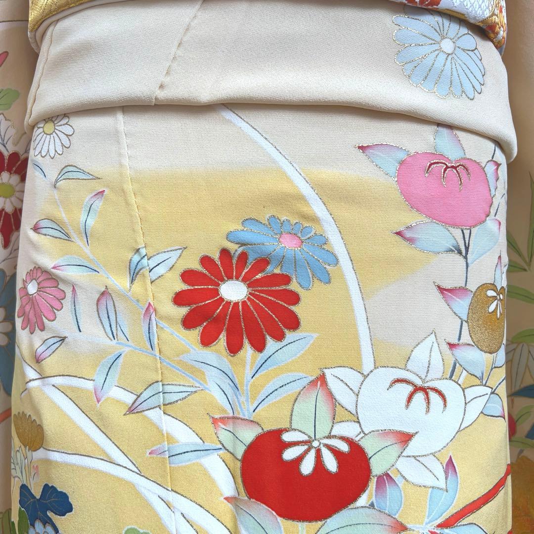 447 振袖フルセット 正絹 クリームイエロー 手描き 金彩 暈し染め レトロ