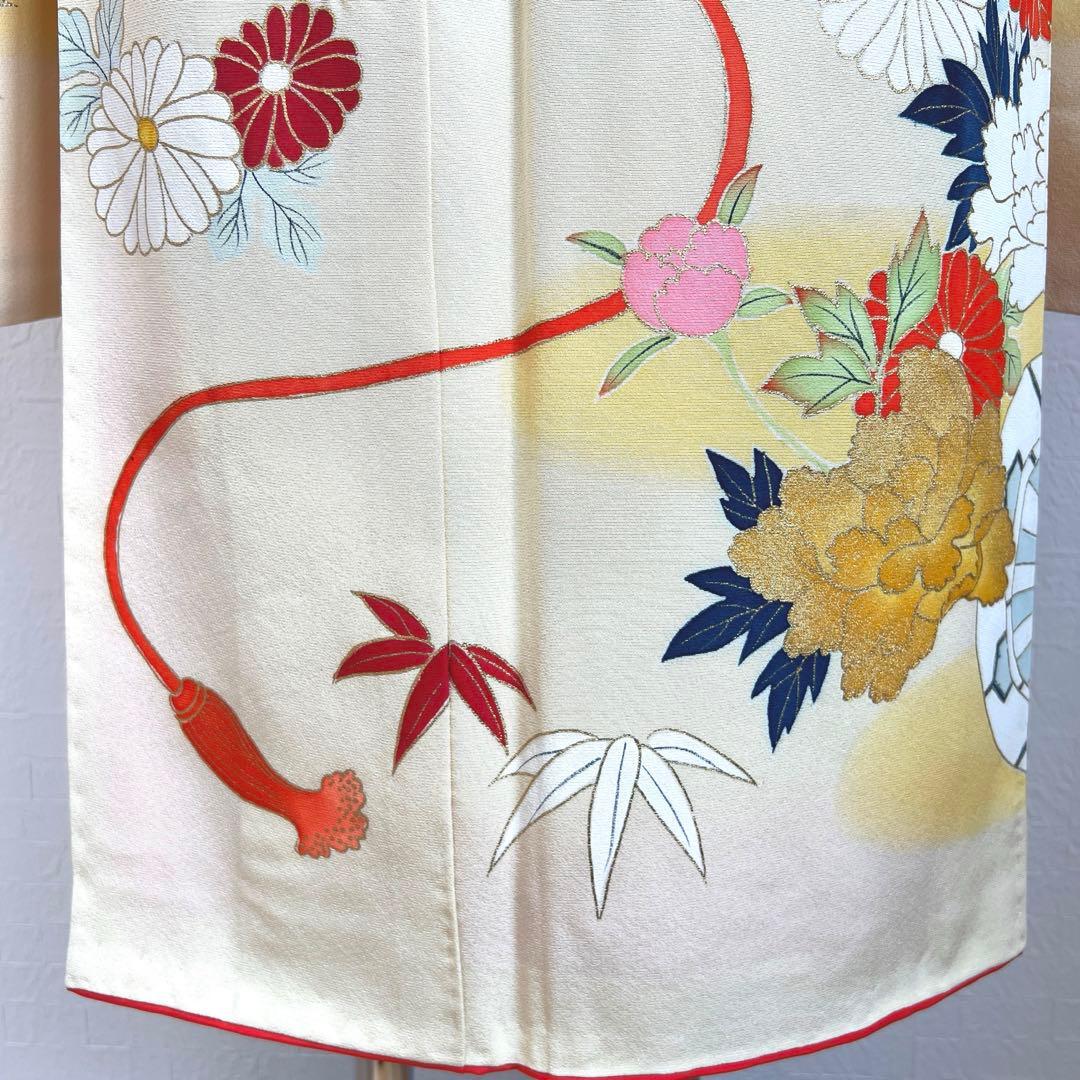 447 振袖フルセット 正絹 クリームイエロー 手描き 金彩 暈し染め レトロ